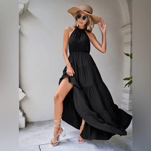 Solid Tie Backless Ruffle Hem Halter Dress - Picture 4 of 13